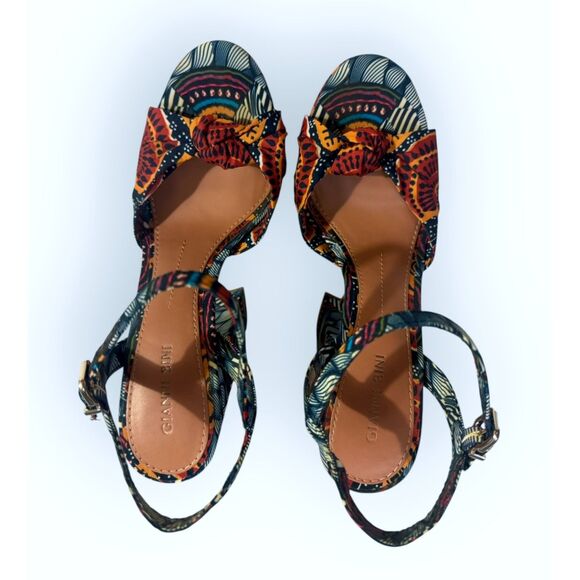 GIANNI BINI sz9 Platform Shoes Blue Red Canvas Retro Block Heel Ankle Strap Sexy - Picture 2 of 16